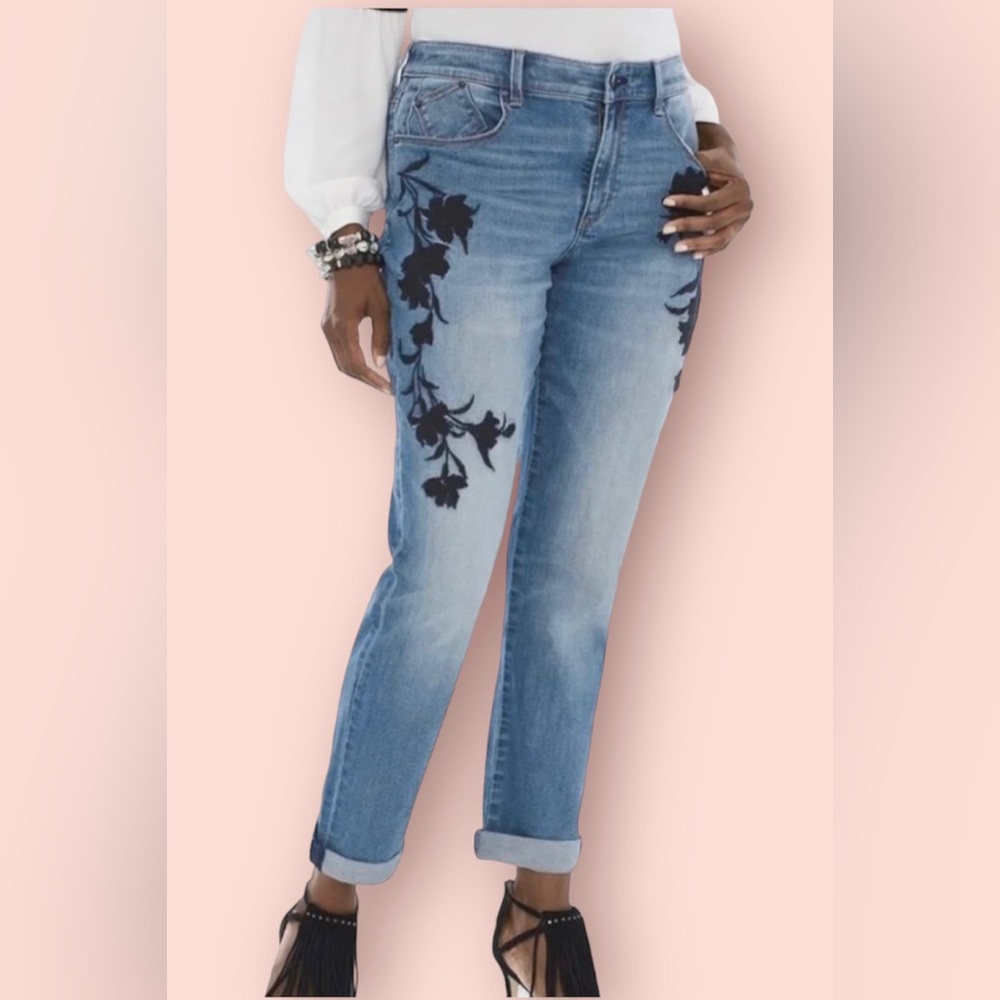 Chicos, Women Boyfriend Ankle Jeans, Black Embroidery, Chicos 2.5R/US Size 14
